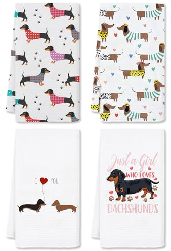 4 Stück Dackel Küchentücher, Mikrofaser Geschirrtücher Mit Dackel Motiv, Saugfähig und Schnell Trocknende 40x60 cm, Lustige Dackeldeko & Dackel Geschenke für Küche, Zuhause und Dackelliebhaber