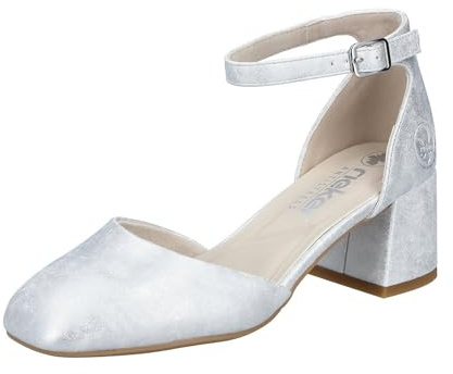 Rieker Damen Pantolette Fesselriemen metallic Blockabsatz 44762, Größe:39 EU, Farbe:Silber