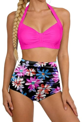 Maillot De Bain 2 Pièces Femme Push Up Sexy Grande Taille a la Mode Maillot De Bain Culotte Femme Gainant Ventre Plat Fleurie Piscine Natation Sport Océan Plage