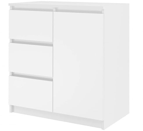CDF Kommode Weiß 1 Tür und 3 Schubladen Komode & Sideboards Sideboard 75 cm Hoch Wohnzimmer Schubladenkommode Komodenschrank 40 x 80 x 75 für Schlafzimmer Arbeitszimmer Flur Schubladenschrank