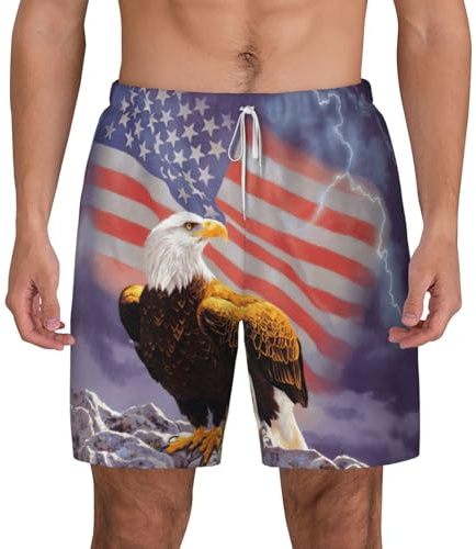 Herren-Badehose, Adler mit USA-Flagge, schnelltrocknend, Badeshorts, Strand-Shorts, Netzfutter mit Taschen für Strand, Surfen, weiß, XXL