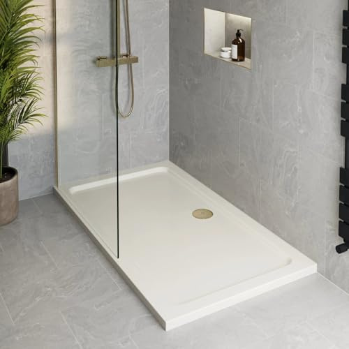 Podium® 1200 x 900 x 45mm White Bathroom Non Slip Shower Tray for Enclosures Cubicles & Wet Room with Brushed Brass Waste, Rectangular