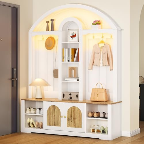 Httcg Garderobe Set Garderobenschrank Höhe 195 cm mit LED Licht und Schuhregal, Garderobenset Flurgarderoben Set mit Wandgarderobe und Sitzbank, Kompaktgarderobe mit Haken und Türen, Flurmöbel, Weiß