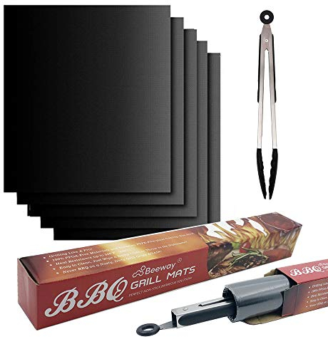 BEEWAY BBQ Mats, Universal Oven Liners for Bottom of Fan Assisted Ovens - Teflon, Reusable, Washable, Non Stick for Charcoal or Gas Grills - Bonus 12 Silicone Tongs (Pack of 5)