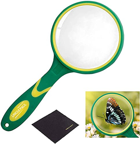 Magnifying Glass 4X-5X Large Handheld Magnifier with Cleaning Cloth | Uncle Paul 75mm Thickened Lens Frame Non-Slip Soft Rubber Handle for Seniors Reading Kids Observation Classroom Green OS04