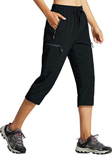 Libin Damen Wanderhose Sommer Leicht Schnell Trocknend Caprihose Trekkinghose Outdoorhose Wasserdicht Winddicht Funktionshose mit Reißverschlusstasche, Schwarz, XL
