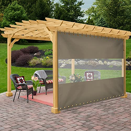 Vinyl-Vorhang mit transparenter Plane, 340 g, 100 % wetterfest, mit rostfreien Ösen – für Pergola, Veranda, Pavillons (2,1 m H x 3,6 m B), Beige
