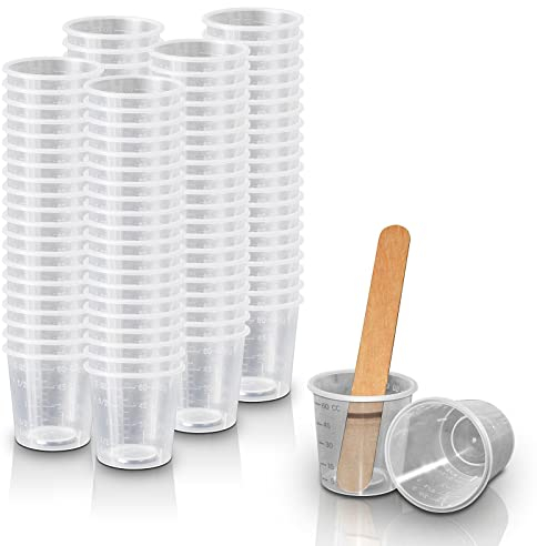 100 Pack – RE-GEN 60ml/2oz Clear RE-USABLE Plastic Graduated Measuring Cup Mixing Kit with 100 Wood Stir Spatulas | Ideal for Mixing Paint, Oils, Liquids, Resin