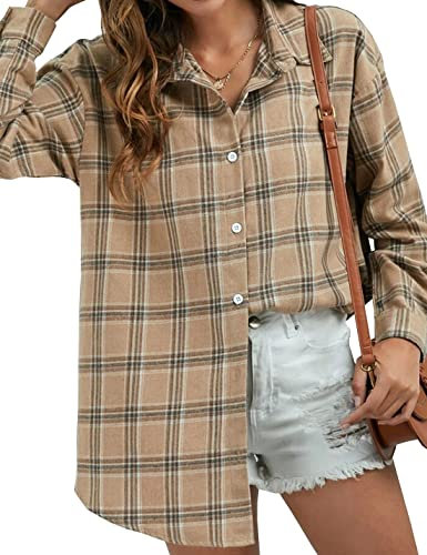 Lumister Chemise à carreaux surdimensionnée en flanelle à manches longues et épaules tombantes pour femme, beige, Taille XL
