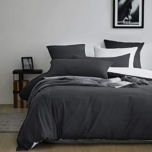 MILDLY Bettwäsche 135x200 Baumwolle 4 Teilig, Bettwäsche-Sets Anthrazit mit Leinenartigem Griff, ÖkoTex Zertifiziert & für Allergiker Geeignet, 2 Bettbezug & 2 Kissenbezügen 80x80