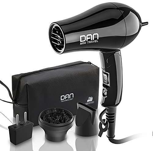 Dan Technology - Secador de pelo de viaje, secador de pelo compacto, mini secador portátil con concentrador y difusor, secador de pelo europeo con enchufe europeo, mango plegable, ligero, secado