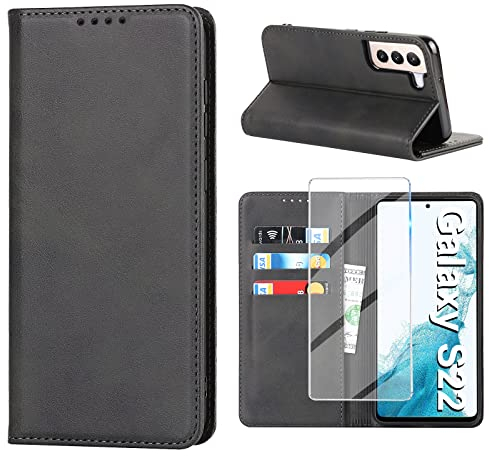 Vaki Handyhülle für Samsung Galaxy S22 5G Hülle mit Panzerglas Schutzfolie, Schutzhülle S22 Leder Wallet Kartenfach Standfunktion Stoßfest Flip Case Galaxy S22 5G Case Cover Klappbar Schwarz