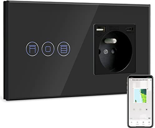 BSEED Normale Prise Murale avec Alexa Interrupteur Volet Roulant Connecté Noir,WiFi Interrupteur Volet Roulant avec Multiprise Murale avec USB(max2.1A),Compatible avec Alexa,Google Home