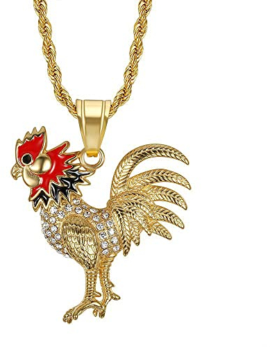 PAMTIER Collier Coq pour Homme Femme Pendentif Zodiaque Chinois en Acier Inoxydable avec Chaine à Maillons Diamantés Or