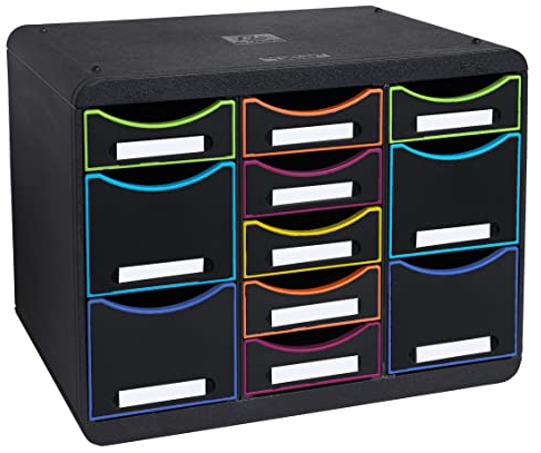 Exacompta 313914D Ablagebox Harlekin aus Recycling-Kunststoff mit 11 individuell platzierbaren Schubladen. Schubladenbox im Querformat für mehr Ordnung. Store Box Multi Blauer Engel schwarz|bunt