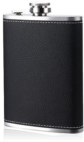 8 Oz Flachmann aus Schwarzem Leder, Outdoor Flachmann Kann Mitgenommen Werden, Flachmann Leder Edelstahl, Mini Schnapsflasche Tragbar, Taschen-Flachmann für Whiskey, Rum, Wodka