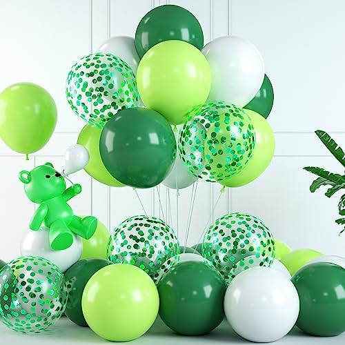 Green and White Balloon Set With Confetti for Birthday, Baby Shower, Jungle Safari Party Decorations - Latex Helium Balloons in Dark, Light, and Lime Green