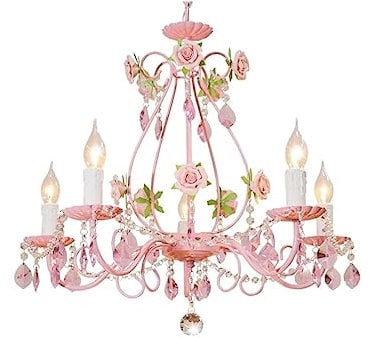 LSHTAR Lampadario in cristallo con fiore rosa da sposa, lampada a sospensione a forma di candela in ferro battuto pastorale Lampada da soffitto moderna ed elegante a 5 teste