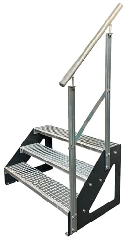 Kaminbau Mierzwa Premium Stahl Treppe Freistehend mit verzinktem Geländer Rechts/Wangen Anthrazit RAL 7016/3 Stufen verzinkt (Breite 1000 mm) (Höhe 57 cm) Gitterroststufe Gartentreppe