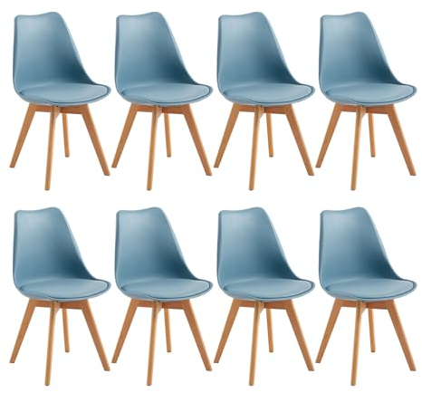 EGGREE 8er Set Esszimmerstühle mit Massivholz Buche Bein SGS Geprüfter, Skandinavisch Design Gepolsterter aus PU-Leder Küchenstuhl Essstühle, Morandi Licht
