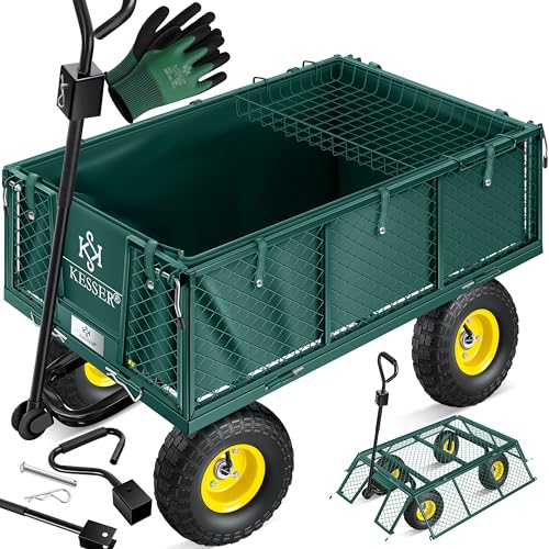 KESSER® Gartenwagen Bollerwagen Transportwagen 700kg belastbar Gartenkarre, inkl. herausnehmbare Plane, Luftreifen Gerätewagen Handwagen vielseitig einsetzbar inkl. Handschuhe + Ablage, Farbe:Grün