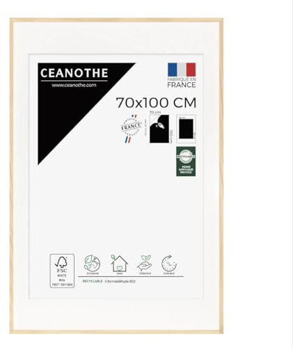 Ceanothe Cadre Photo Bois Chêne 70x100 cm avec Passe-Partout 60x80 cm - Bois Naturel FSC pour A1 et Affiche Poster Cinema - Verre acrylique Incassable Collection ALBA - Fabriqué en France