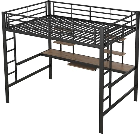 Azkoeesy Metall Hochbett 140x200cm mit Schreibtisch & 4 Bücherregalen - Doppelbett für Jugendliche und Erwachsene - Stahlbett schwarz - Platzsparendes Loftbett mit Arbeitsplatz