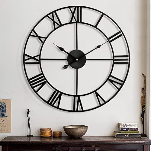 Maxstar Große Wanduhr,Moderne römische Ziffern,Vintage,leicht zu lesen,runde Metall-Wanduhren für Wohnzimmer,Küche,Schlafzimmer,Garten,Dekoration,Schwarz,80 cm