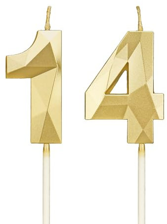 Geburtstagskerzen Zahlen 14，3D Gold Kerzen Geburtstag für Kuchen geburtstagsdeko, Geburtstag Kerzen Zahlen, Geburtstagskerzen Kinder für Partys, Hochzeiten, Firmenfeiern, Jubiläen (Gold, 14)