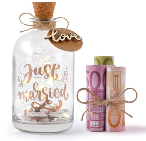 HOTUT LED Bouteille Lumières avec Inscription - Just Married, Lumineuse Bouteille Décorative avec Bouchon en liège, Cadeau de Mariage pour Couple, Cadeaux pour Les Amoureux et Les Jeunes mariés