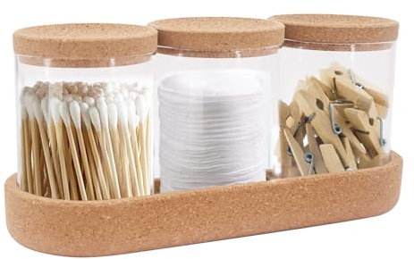 CheurYae 3 Pcs Qtip Holder,Qtip Dispenser with Cork Lids and Tray,Glass Jars for Cotton Pads Cotton Swabs Beauty Egg Dental Floss