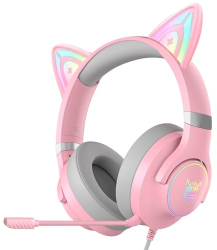 SIMGAL Cat Ear Wired RGB Backlights Gaming Headsets, Over-Ear Gamer Headphones with Surround Sound & Detachable Noise Cancelling Microphone, for PC, PS4, PS5, Xbox One (No Adapter) & Phones (Pink)