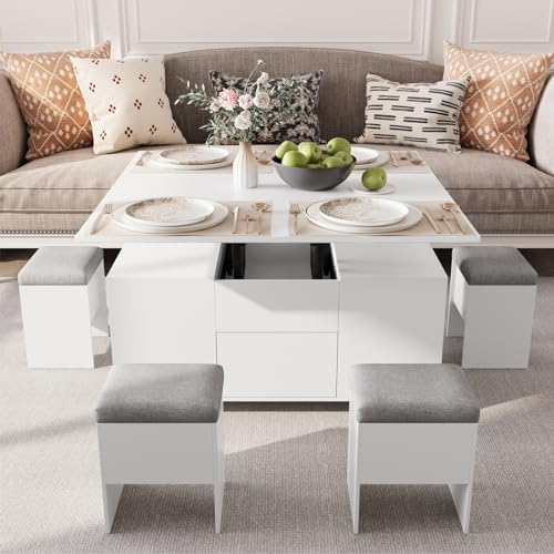 VOWNER Couchtisch Höhenverstellbar, 4-in-1-Multifunktions-Couchtisch Umwandelbar in Wohnzimmer-Esstisch, Couchtisch mit Verstecktem Stauraum, mit 4 Hockern, 108L x 105W x 68H cm, Weiß