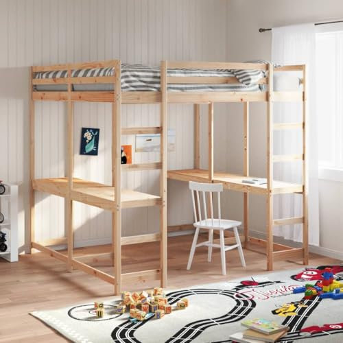 vidaXL Loft Bed with Desk and Ladder - Solid Pine Wood 200x200 cm - Rustic Brown Finish - Ideal for Space Saving