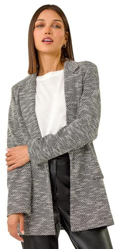 Roman Originals Women Longline Textured Jersey Blazer - Ladies Smart Casual Formal Office Work Meeting Interview Ceremony Lapel Mock Pocket Detail Marl Look Long Sleeve Jacket - Black & Grey - Size 12