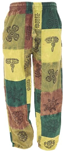 GURU SHOP Patchwork Stonewash Yogahose, Unisex Goa Baumwoll Hose - Grün, Herren, Baumwolle, Size:L