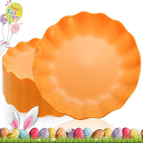 LIYH 20pcs Orange Plastic Plates Reusable Unbreakable Dinner Plates-10In Dishwasher Safe Scalloped Plastic Plates Sets Perfect for Parties Birthday Picnics BPA Free(20Guests) Easter Plate