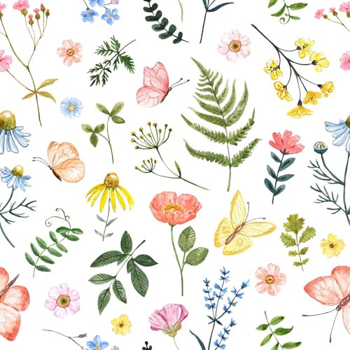 VaryFloral Selbstklebende Folie Weiß Blumentapete 30.5cmx300cm Wandfolie Selbstklebend Bunte Blume Möbel Klebefolie Vintage Tapete Blumen Vintage Folie für Möbel Aquarell Fototapete Schlafzimmer