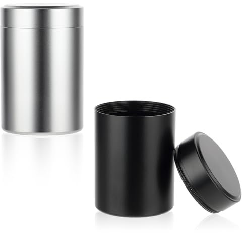COMNICO 2 Pcs Mini Portable Daily Pill Case Heavy Duty Aluminium Alloy Round Pill Box Waterproof Medicine Organizer Bottle Container for Office Travel Outdoor Camping (Black Silver)