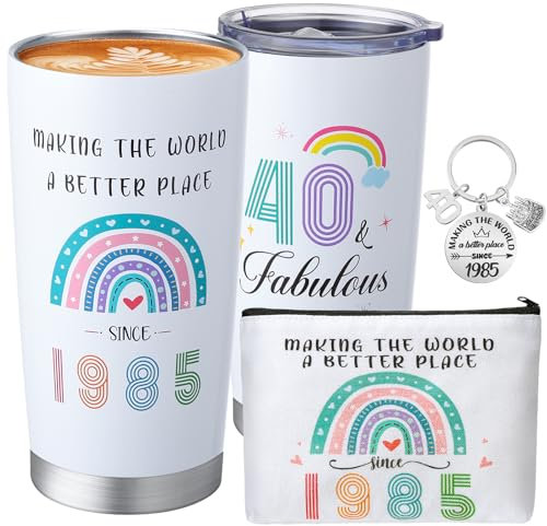 saerryor 40th Birthday Gifts for Women 1985 Personalised Mug Insulated Tumbler Makeup Bag Keyring Mum Gifts from Daughter Son Thank You Presents for Wife Auntie Friends Sisters Teachers Colleagues