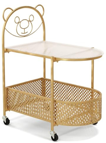 GIANTEX Couchtisch mit 2 Ebenen, mit 4 Rädern, Servierwagen mit Aufbewahrungskorb und Tischplatte aus gehärtetem Glas, Couchtisch für Schlafzimmer, Esszimmer, Wohnzimmer (Gold)