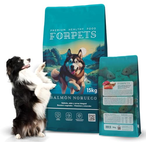 FORPETS Pienso Natural para Perros Adultos Salmón Noruego y Atún 15KG | Pienso Premium con Omega 3 y Arroz Integral | Comida Seca Fácil de Digerir para Todas Las Razas