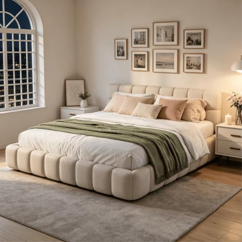 BRILVERDE Polsterbett 160x200 cm Bubble Bett, Doppelbett mit Weiches Kopfteil, Jugendbett, Bettgestell mit Lattenrost, Leinen, ohne Matratze (Beige, 160 x 200 cm)