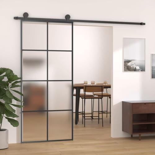 Refined Puerta corredera con set herrajes vidrio ESG aluminio 90x205 cmNegro 4x2 rejillas