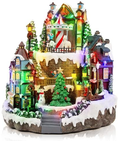 WeDoSoy LED Lighted Musical Animated Christmas Village House – 11.8 Large Christmas Collectible Building Scene with Rotating Carousel & Tree, Xmas Decoration for Tabletop or Mantel Display
