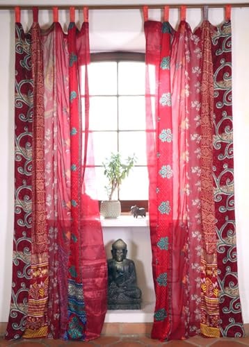 GURU SHOP Vorhang 2 Stück seidige upcycling Gardine aus Patchwork, rot | Lichtdurchlässige Vorhänge aus 100% Polyester, ideal für gemütliche Boho-Atmosphäre, Unikat-Design, kunstvoll verarbeitet