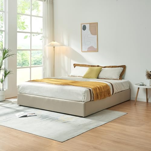[en.casa] Polsterbett 180x200 cm NOLA mit Bettkasten Bettgestell und Lattenrost Bett mit Leinenbezug Doppelbett max. 500 kg Beige