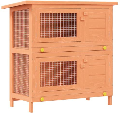 Kaninchenstall mit 4 Abschließbaren Türen und Ausziehbare Tabletts, Kleintierhaus, Hasenstall für Kaninchen, Meerschweinchen, 90x45x89 cm Braun Holz