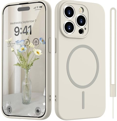 HGH Magnetisch Hülle für iPhone 15 Pro 6,1 Zoll Kompatibel mit Magsafe [Matt Einfarbig], Upgraded Kameraschutz Seidenweich Berührung Anti-Fingerabdruck Hülle für iPhone 15 Pro Case, Retro-Weiß