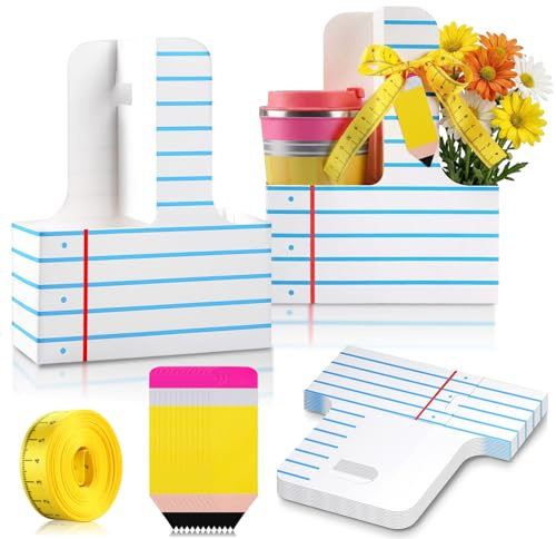 Eersida 12 Set Back to School Teacher Gifts 2 Cup Drink Carrier | Red Blue Notebook Drink Carrier with Handle Greet Kraft Card Ribbon Teacher Gifts Halloween DIY School Classroom Party Favors
